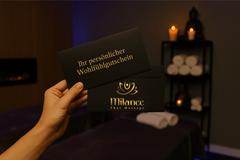 Hand hält zwei schwarze Umschläge in stilvollem Massageraum von Milanee Thai Massage. Vorderer Umschlag mit goldener Aufschrift 'Ihr persönlicher Wohlfühlgutschein', hinterer Umschlag hat das "Milanee Thai Massage" Logo drauf, Hintergrund mit Kerzen, Buddha-Figur, Massageliege und Handtüchern.