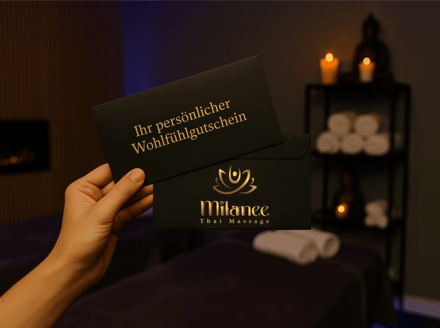 Hand hält zwei schwarze Umschläge in stilvollem Massageraum von Milanee Thai Massage. Vorderer Umschlag mit goldener Aufschrift 'Ihr persönlicher Wohlfühlgutschein', hinterer Umschlag hat das "Milanee Thai Massage" Logo drauf, Hintergrund mit Kerzen, Buddha-Figur, Massageliege und Handtüchern.