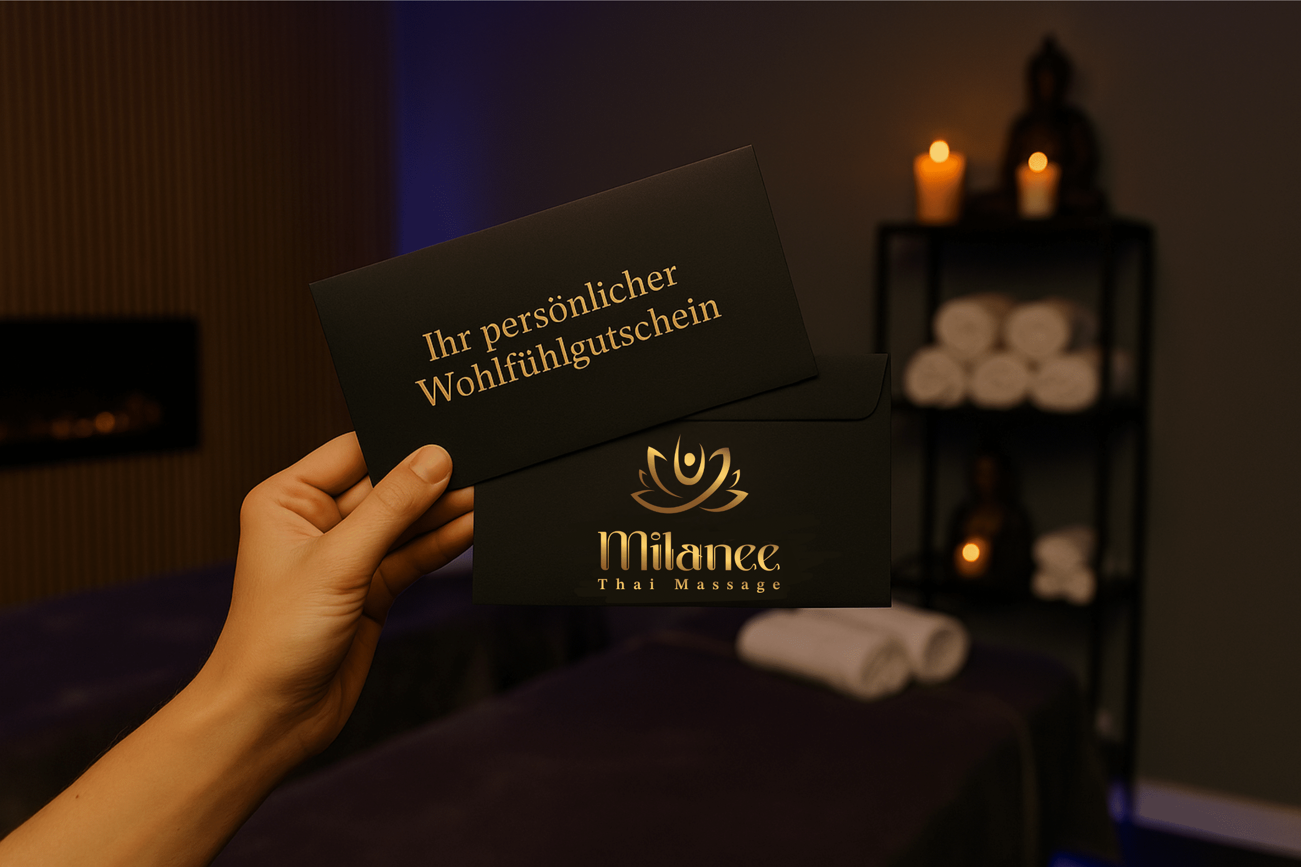 Hand hält zwei schwarze Umschläge in stilvollem Massageraum von Milanee Thai Massage. Vorderer Umschlag mit goldener Aufschrift 'Ihr persönlicher Wohlfühlgutschein', hinterer Umschlag hat das "Milanee Thai Massage" Logo drauf, Hintergrund mit Kerzen, Buddha-Figur, Massageliege und Handtüchern.