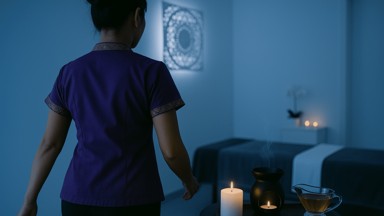 Eine Masseurin in lila Thai-Uniform geht auf eine Massagebank zu. Im Vordergrund steht ein kleiner Tisch mit einer Kerze, einem Aromaöl und einem schwarzen Duftölgefäß. Der Raum ist in beruhigendes, blaues Licht getaucht.