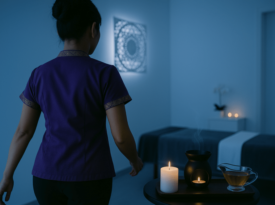 Eine Masseurin in lila Thai-Uniform geht auf eine Massagebank zu. Im Vordergrund steht ein kleiner Tisch mit einer Kerze, einem Aromaöl und einem schwarzen Duftölgefäß. Der Raum ist in beruhigendes, blaues Licht getaucht.