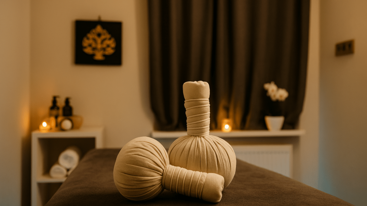 Zwei Kräuterstempel liegen auf einer Massageliege in einem warm beleuchteten Behandlungsraum mit Kerzen und asiatischer Dekoration.