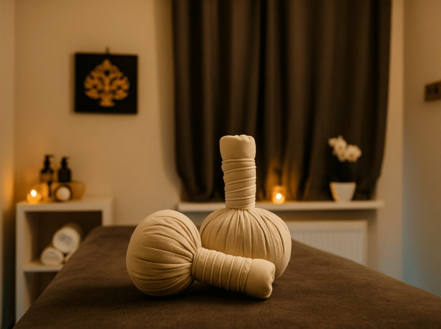 Zwei Kräuterstempel liegen auf einer Massageliege in einem warm beleuchteten Behandlungsraum mit Kerzen und asiatischer Dekoration.