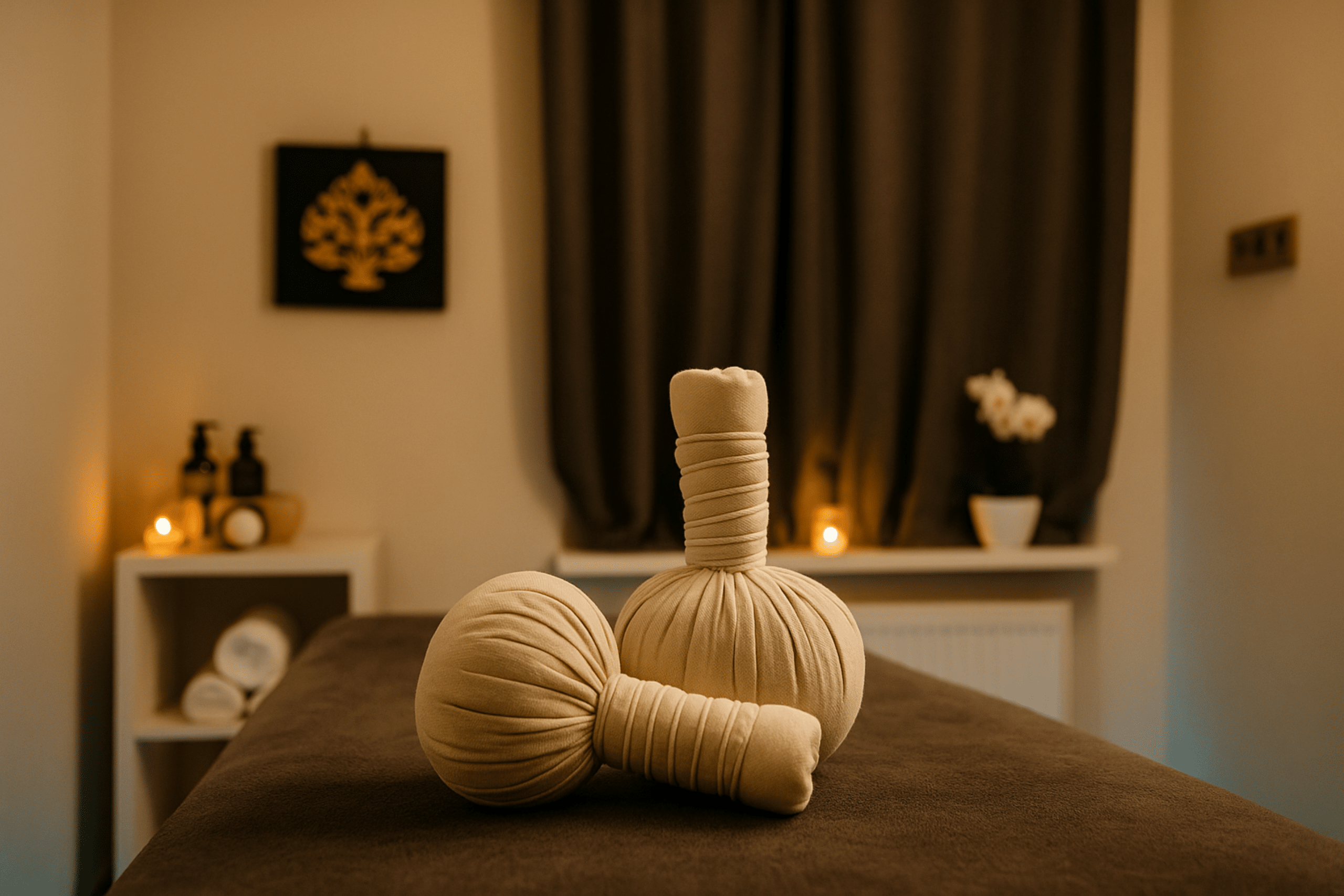 Kopf-, Nacken-, Schulter-, Rückenmassage mit Kräuterstempel