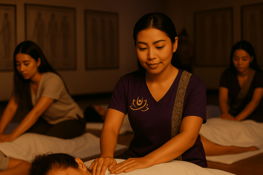 Thailändische Therapeutinnen bei einer traditionellen Thai-Massage-Ausbildung, im Fokus eine Masseurin in violetter Milanee-Kleidung bei der praktischen Anwendung.