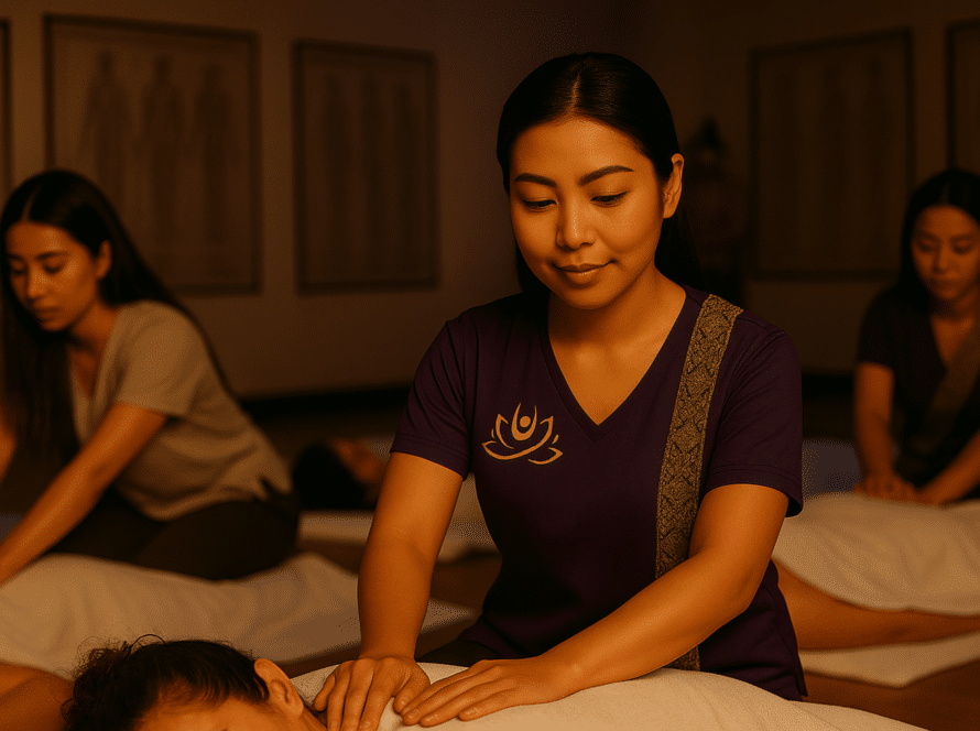 Thailändische Therapeutinnen bei einer traditionellen Thai-Massage-Ausbildung, im Fokus eine Masseurin in violetter Milanee-Kleidung bei der praktischen Anwendung.