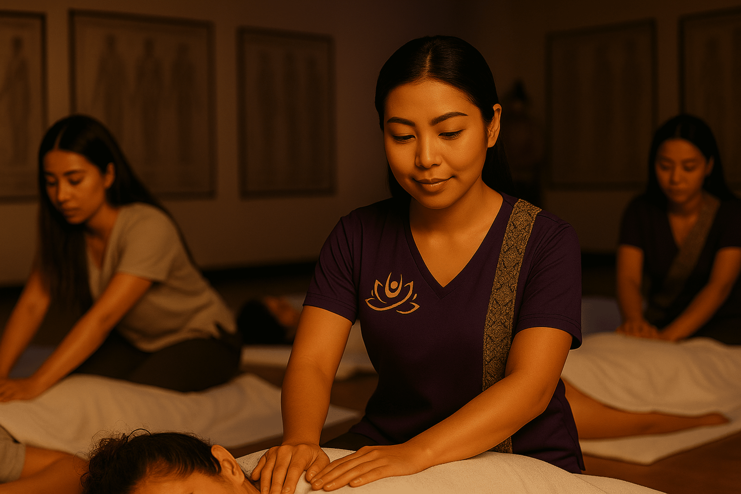 Thailändische Therapeutinnen bei einer traditionellen Thai-Massage-Ausbildung, im Fokus eine Masseurin in violetter Milanee-Kleidung bei der praktischen Anwendung.