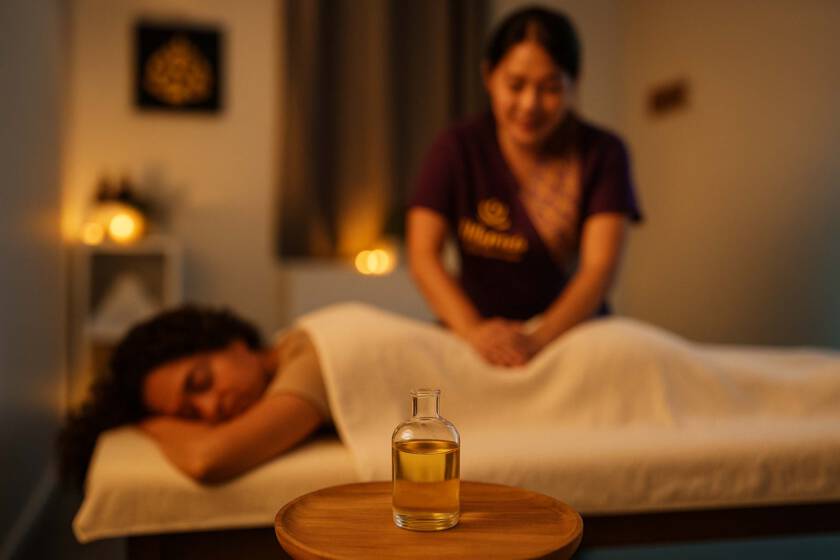 Thai Massage mit Massageöl in einem Behandlungsraum in Nürnberg
