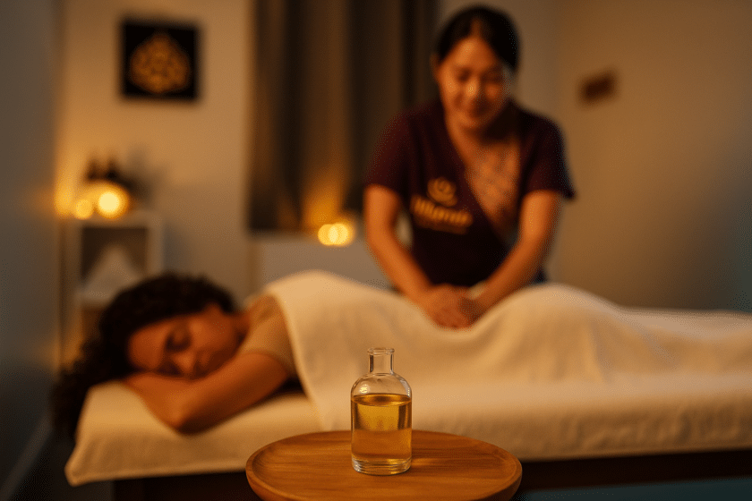 Frau erhält traditionelle Thai Ölmassage bei Milanee Thaimassage in Nürnberg, entspannte Atmosphäre mit warmem Licht und Massageöl im Vordergrund.