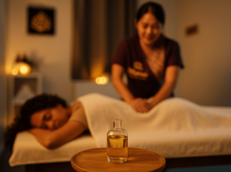 Frau erhält traditionelle Thai Ölmassage bei Milanee Thaimassage in Nürnberg, entspannte Atmosphäre mit warmem Licht und Massageöl im Vordergrund.