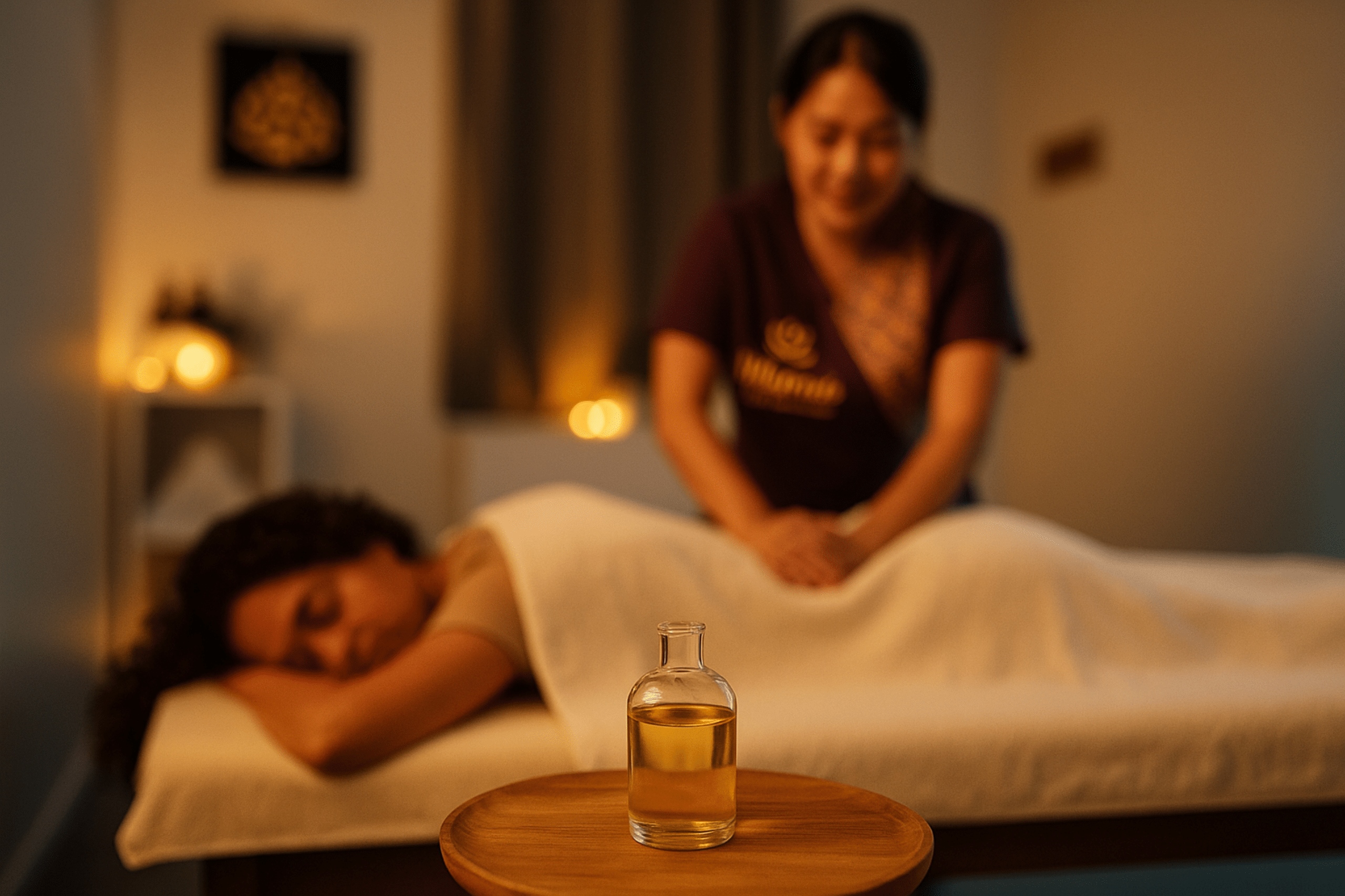 Frau erhält traditionelle Thai Ölmassage bei Milanee Thaimassage in Nürnberg, entspannte Atmosphäre mit warmem Licht und Massageöl im Vordergrund.