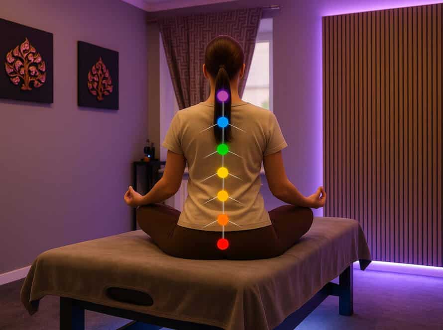Darstellung von Energiepunkten entlang des Rückens bei traditioneller Thai Massage