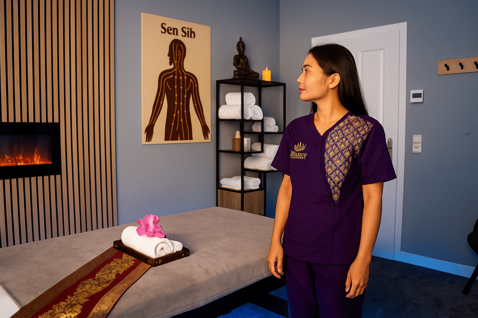 Thailändische Masseurin in lila Uniform steht in einem stilvollen Massageraum von Milanee Thaimassage Nürnberg. Im Hintergrund ist ein Poster mit den Energielinien „Sen Sib“ zu sehen.