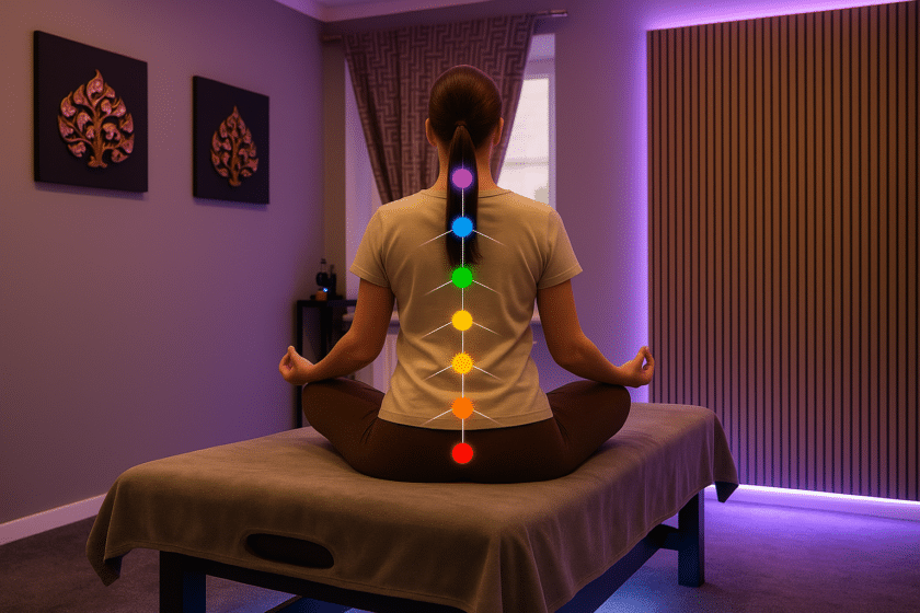 Frau in Meditationshaltung mit sichtbaren Chakrapunkten auf dem Rücken, sitzend auf einer Massageliege im Milanee Thaimassage-Studio.