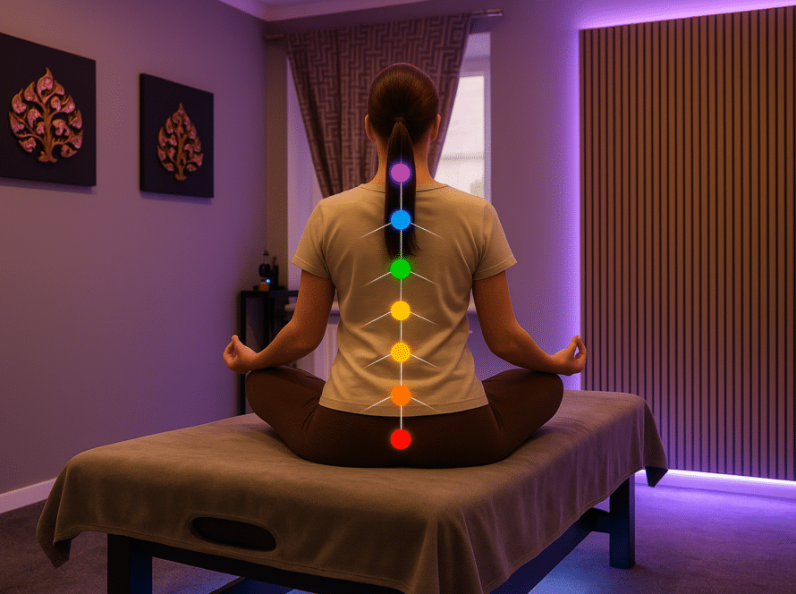 Frau in Meditationshaltung mit sichtbaren Chakrapunkten auf dem Rücken, sitzend auf einer Massageliege im Milanee Thaimassage-Studio.