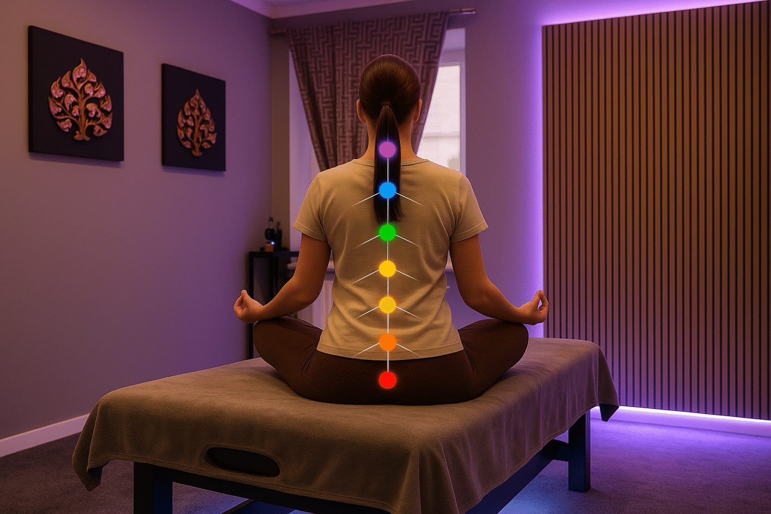 Frau in Meditationshaltung mit sichtbaren Chakrapunkten auf dem Rücken, sitzend auf einer Massageliege im Milanee Thaimassage-Studio.