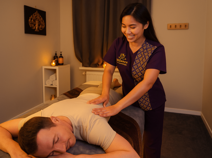 Thailändische Masseurin in lila Uniform massiert den Rücken eines Mannes, der entspannt in einem stilvollen Massageraum von Milanee liegt.
