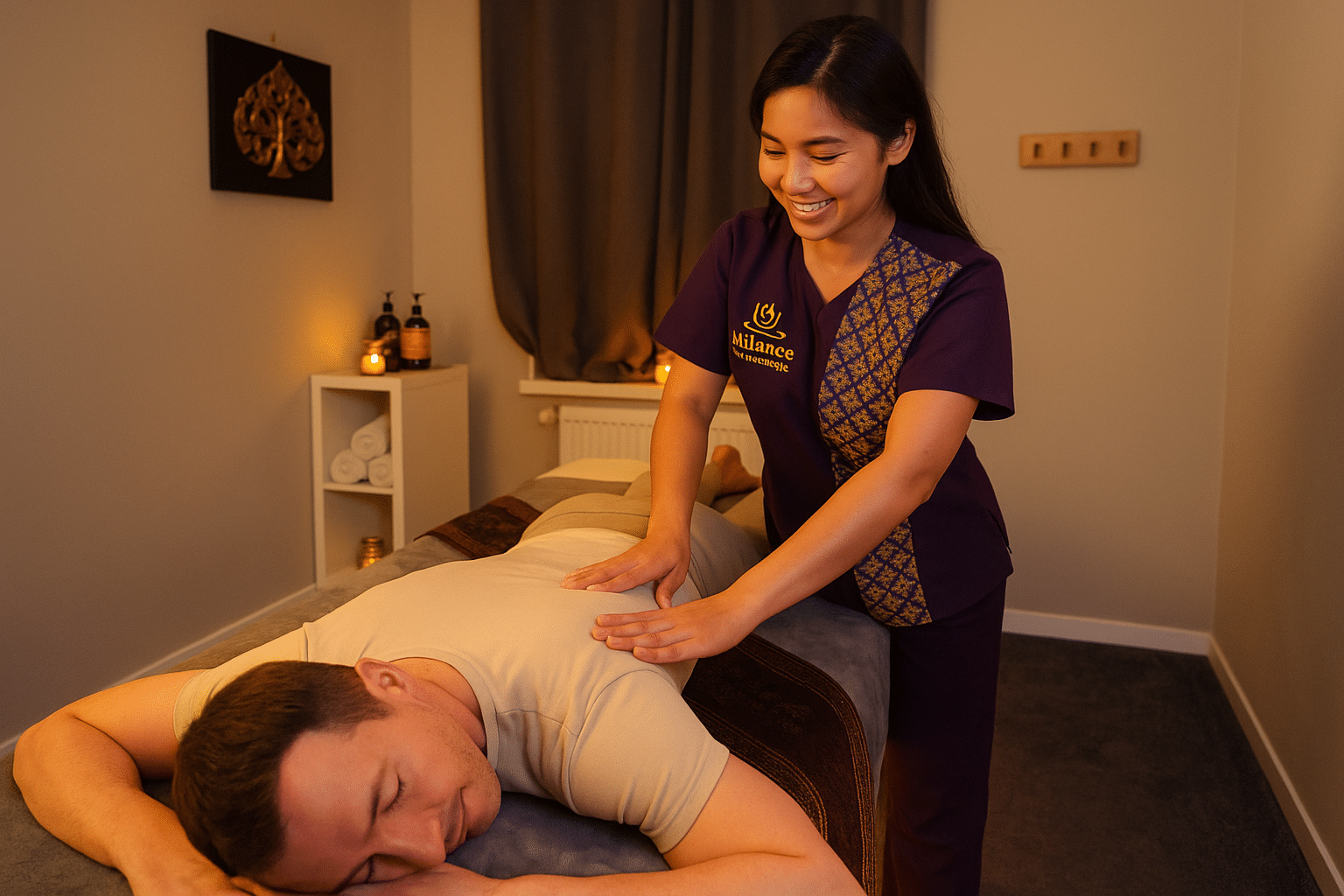 Thailändische Masseurin in lila Uniform massiert den Rücken eines Mannes, der entspannt in einem stilvollen Massageraum von Milanee liegt.