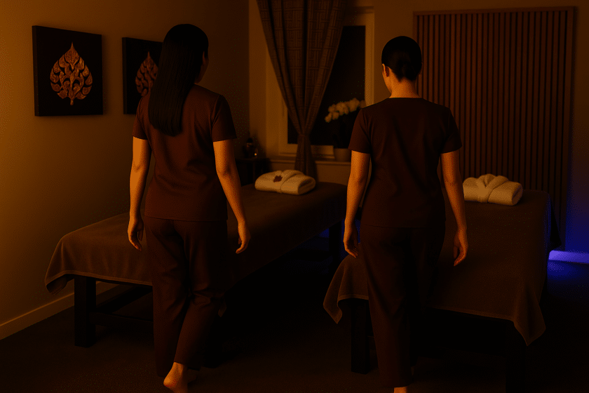 Zwei thailändische Masseurinnen betreten in traditioneller, schlichten Uniform einen stimmungsvoll beleuchteten Massageraum mit zwei vorbereiteten Liegen. Der Raum ist in warmes Licht und lila LED-Akzenten getaucht und spiegelt die ruhige Atmosphäre von Milanee Thai Massage in Nürnberg wider.