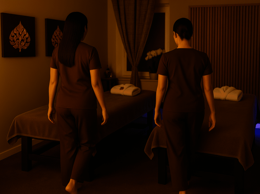Zwei thailändische Masseurinnen betreten in traditioneller, schlichten Uniform einen stimmungsvoll beleuchteten Massageraum mit zwei vorbereiteten Liegen. Der Raum ist in warmes Licht und lila LED-Akzenten getaucht und spiegelt die ruhige Atmosphäre von Milanee Thai Massage in Nürnberg wider.