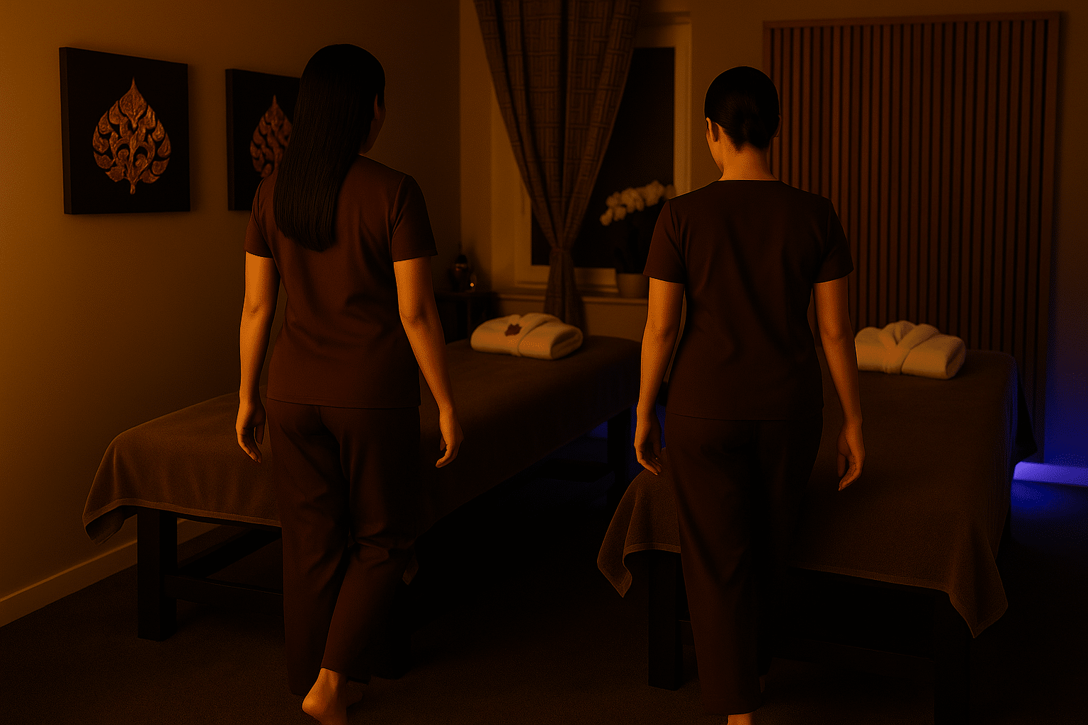 Zwei thailändische Masseurinnen betreten in traditioneller, schlichten Uniform einen stimmungsvoll beleuchteten Massageraum mit zwei vorbereiteten Liegen. Der Raum ist in warmes Licht und lila LED-Akzenten getaucht und spiegelt die ruhige Atmosphäre von Milanee Thai Massage in Nürnberg wider.