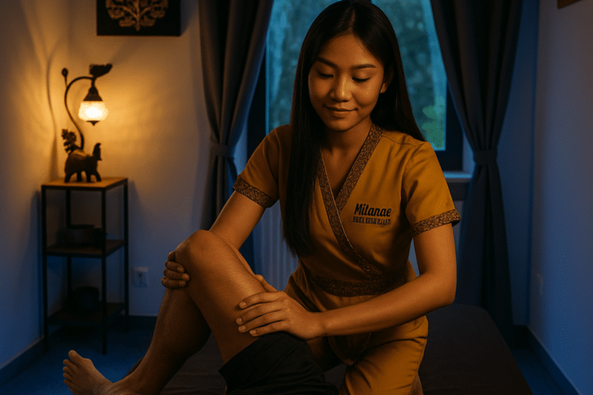 Masseurin von Milanee Thaimassage in Nürnberg führt eine gezielte Beinmassage zur Lockerung der Muskulatur bei einem Sportler durch.