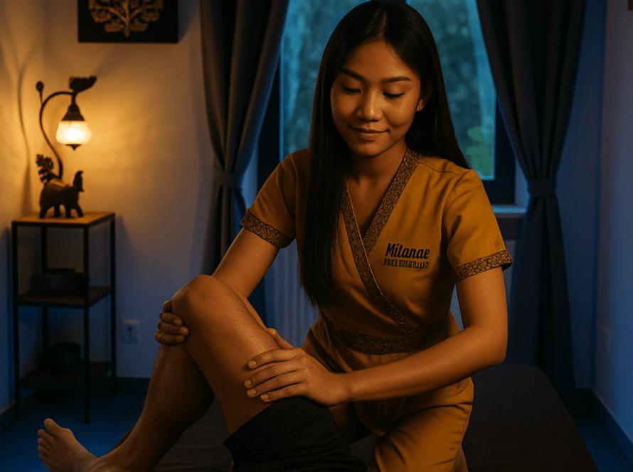 Masseurin von Milanee Thaimassage in Nürnberg führt eine gezielte Beinmassage zur Lockerung der Muskulatur bei einem Sportler durch.