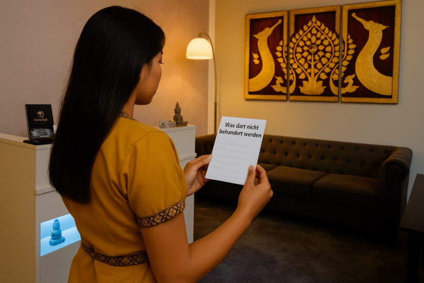 „Masseurin im Empfangsbereich von Milanee Thaimassage hält ein kleines Informationsblatt mit wichtigen Ausschlüssen für die Thai-Massage.“