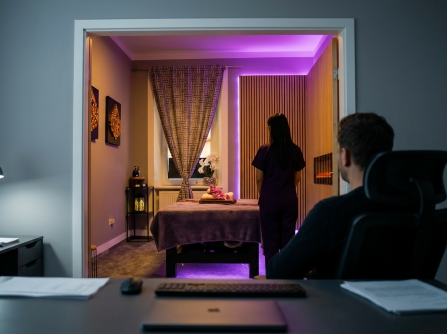 Thai Massage Nürnberg Alltag bei Milanee Thaimassage in Nürnberg mit Massagebank, warmer Beleuchtung und entspannter Atmosphäre